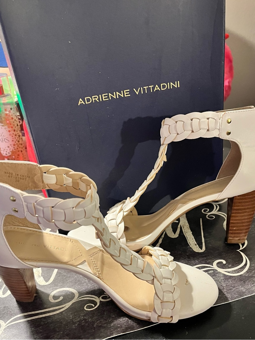 Adrienne Vittadini Cream Braided T-Strap Block Heel Sandals